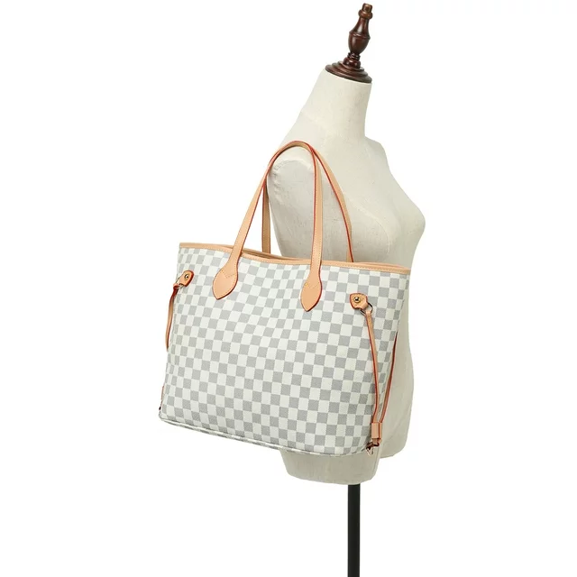 Women's PU Vegan Leather Checkered Tote Shoulder Bag - Twenty Four, Cream Checkered, Postidal
